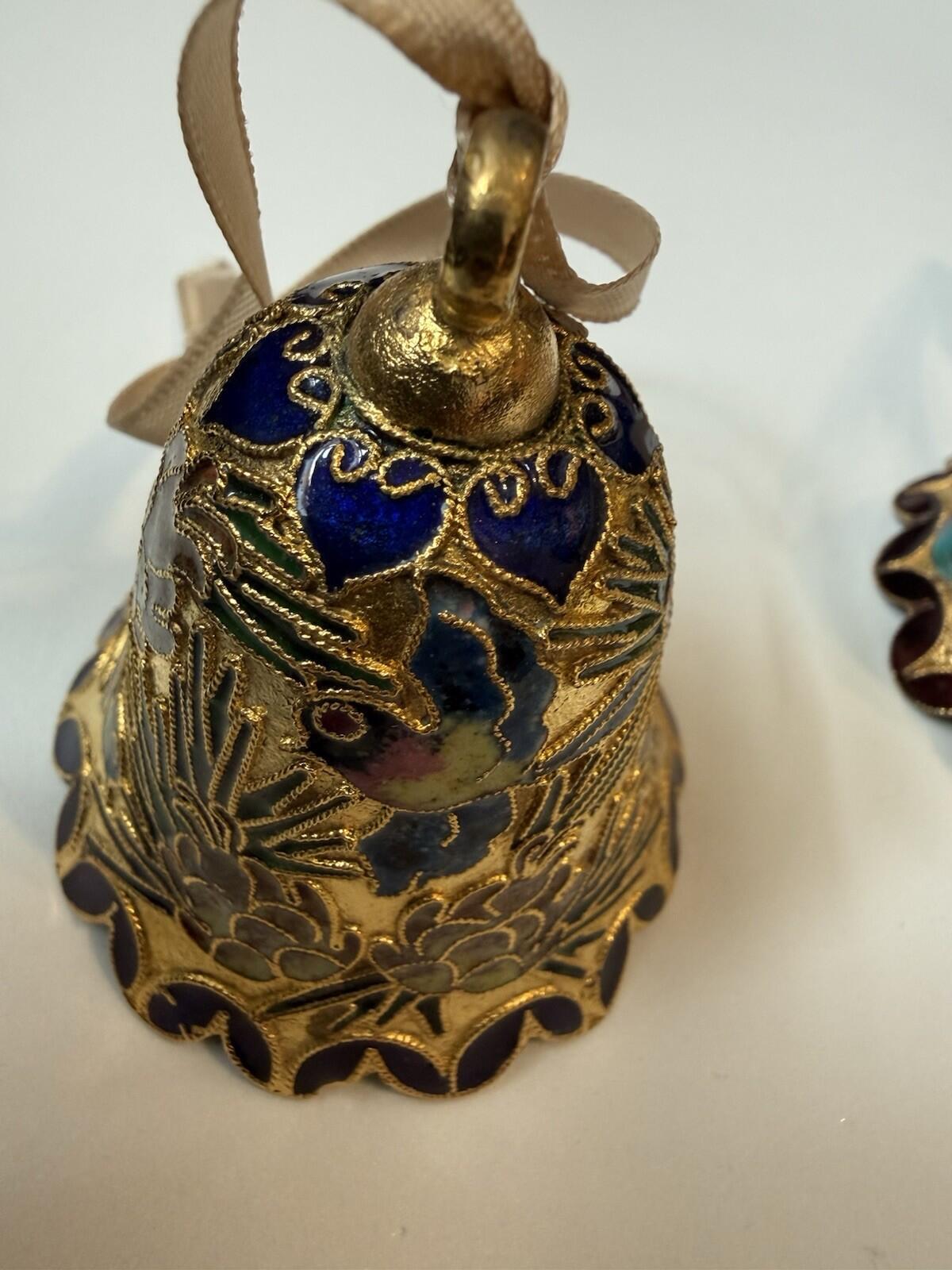 Vintage Mini Bell Ornaments Cloisonné Style Gold Enamel Floral Set of 4