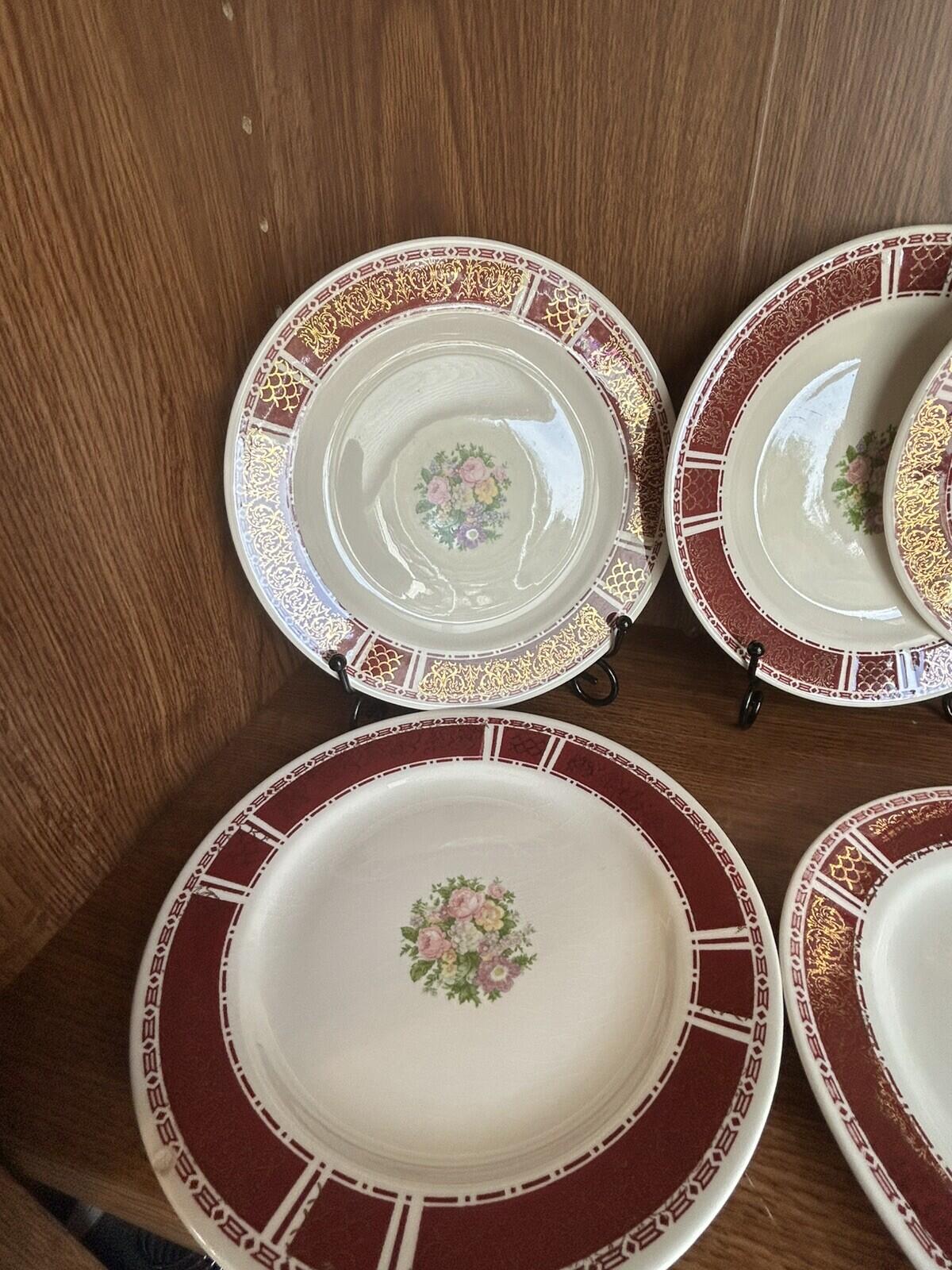 8 Homer Laughlin Piccadilly 7.5” Plates red rim gold floral center 1940s