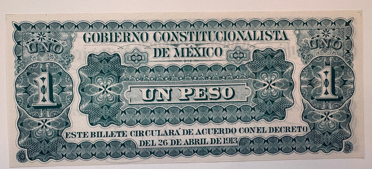 1913 Mexico 1 Peso Gobierno Constitucionalista Monclova Revolution P-S625 – alternate product view 2 of 2