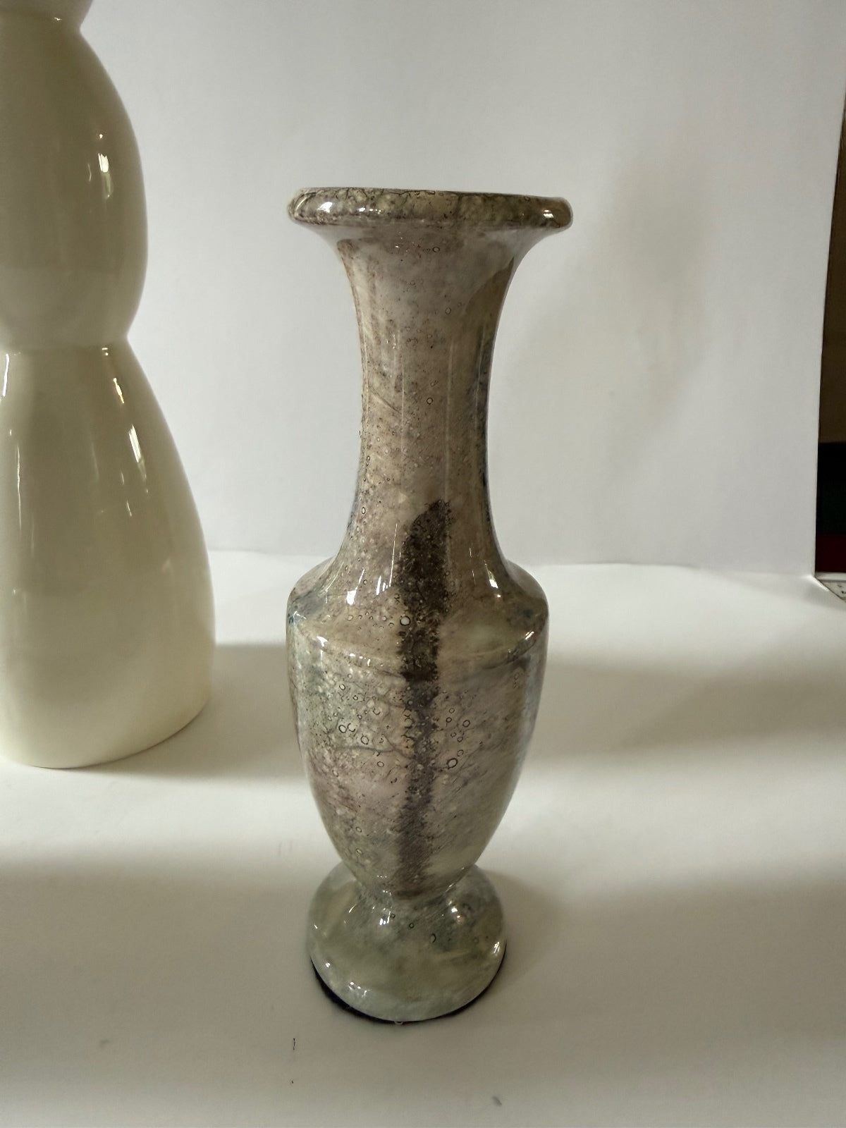 Lot of 3 Decorative Art Glass Vases Purple Iridescent White Silver Bubble Glass