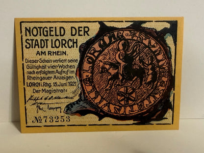 1921 Lorch am Rhein Germany 25 Pfennig Notgeld – Zodiac / Local Scene - 248