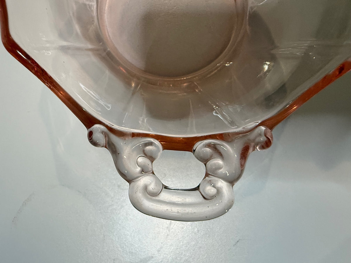 Vintage Pink Depression Glass Double Handle Bowl Octagon Scalloped 1930s – alternate product view 3 of 7