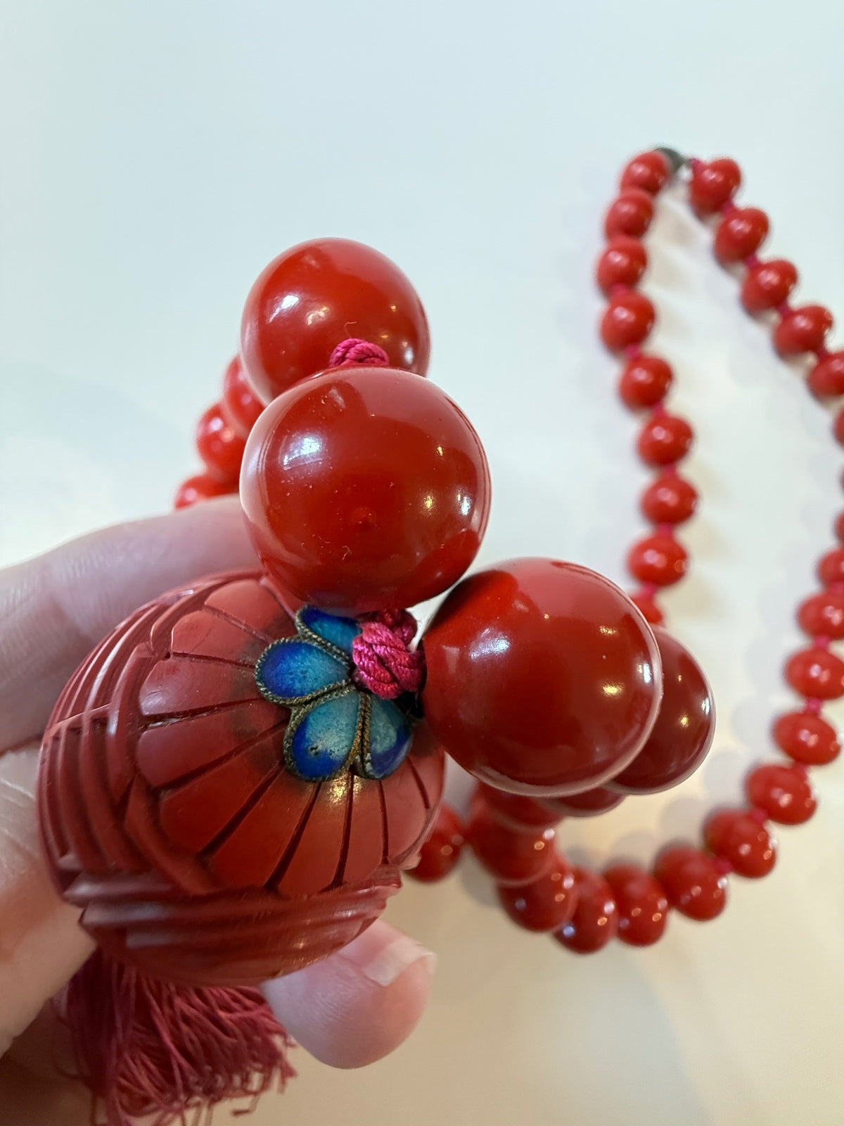 Vintage Chinese Red Bead Cinnabar Shou Necklace SILVER Clasp Tassel 30” – alternate product view 6 of 8