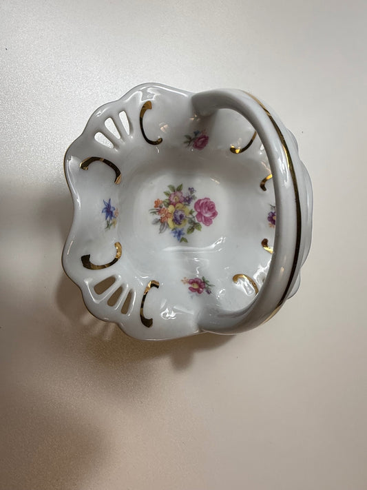 Vintage PM Martinroda Germany Porcelain Floral Basket Trinket Dish Gold