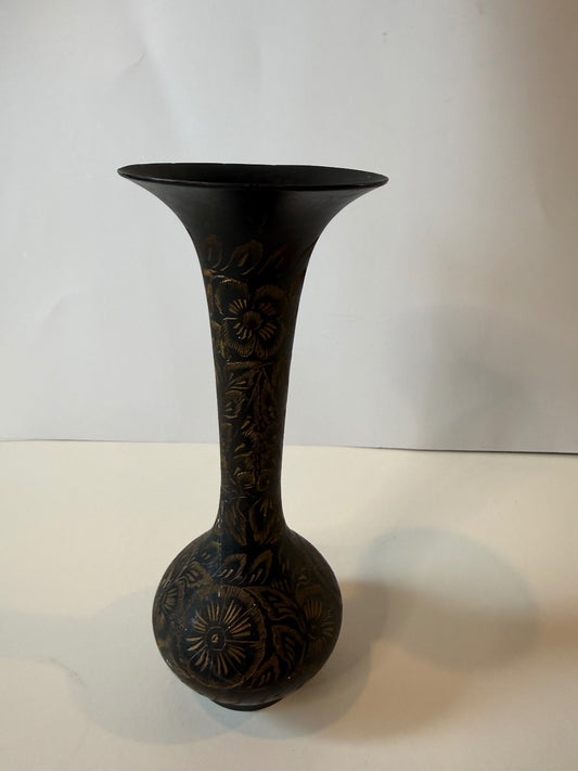 Vintage Indian Black Brass Vase Engraved Floral Etched 7.25” Boho Decor