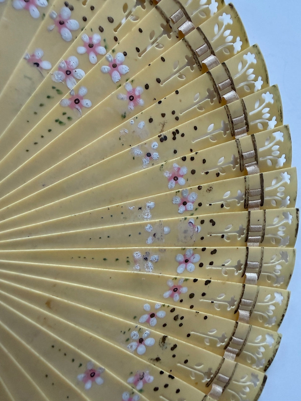 Vintage Japanese Celluloid Folding Hand Fan Hand Painted Floral Pierced Design