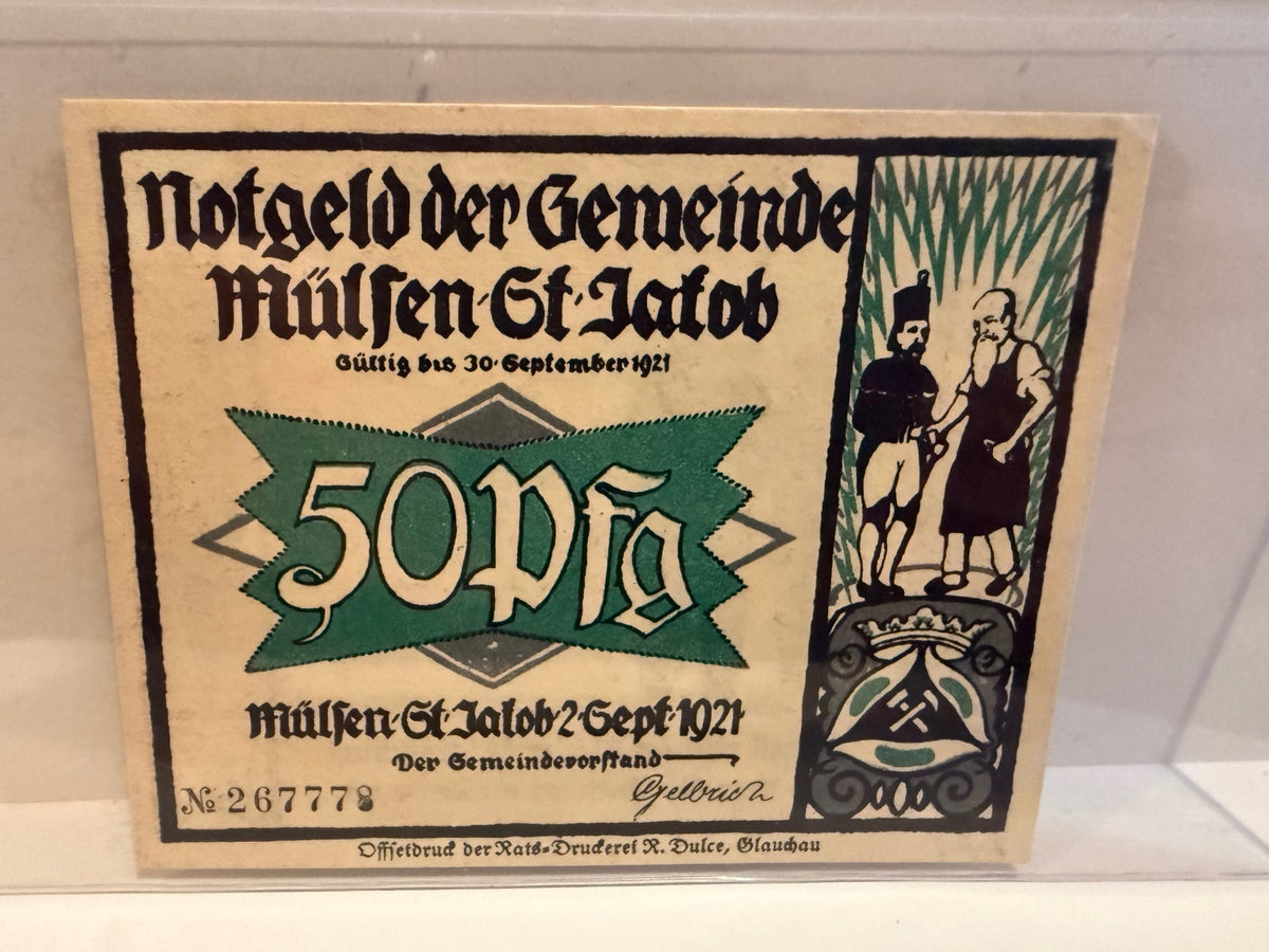 1921 Mülsen St. Jacob Germany 50 Pfennig Notgeld Courtroom Humor Note - 105