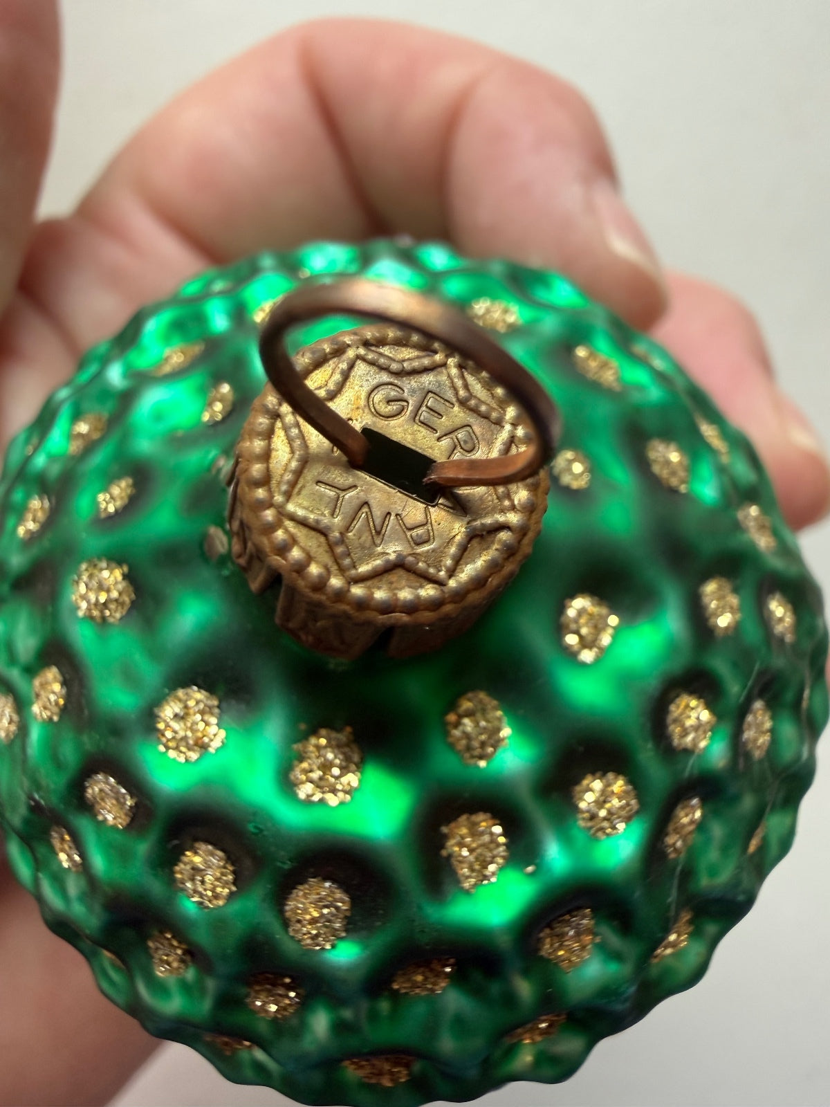 Vintage Germany Green Glass Hobnail Christmas Ornament Gold Glitter 3”