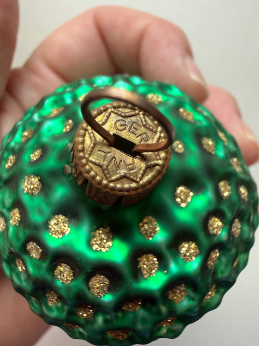 Vintage Germany Green Glass Hobnail Christmas Ornament Gold Glitter 3”