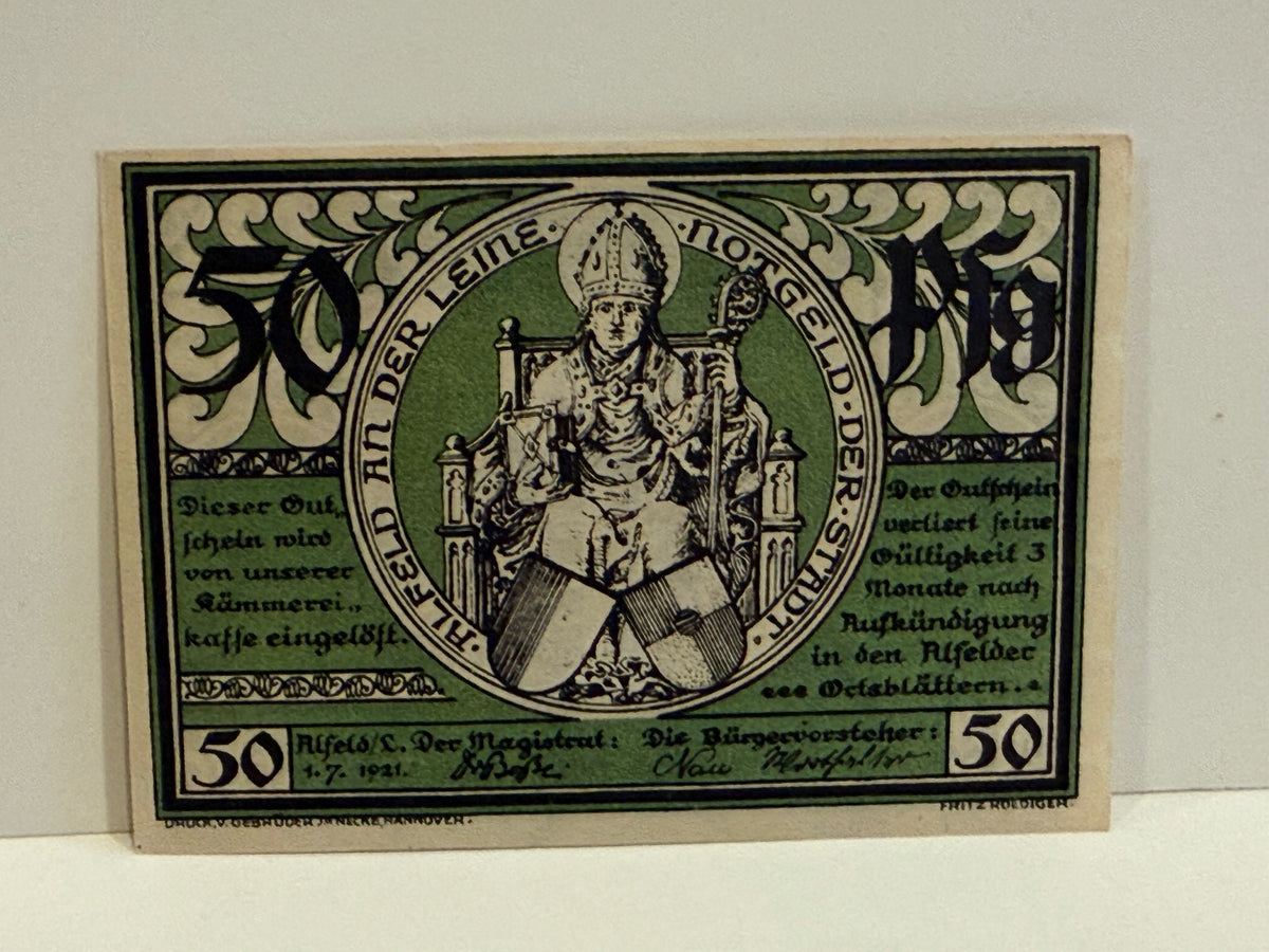 1921 Germany Alfeld an der Leine 50 Pfennig Notgeld Bishop City View