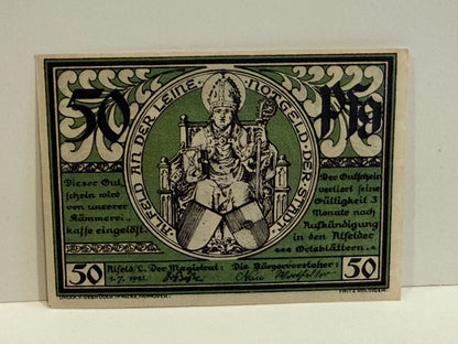 1921 Germany Alfeld an der Leine 50 Pfennig Notgeld Bishop City View
