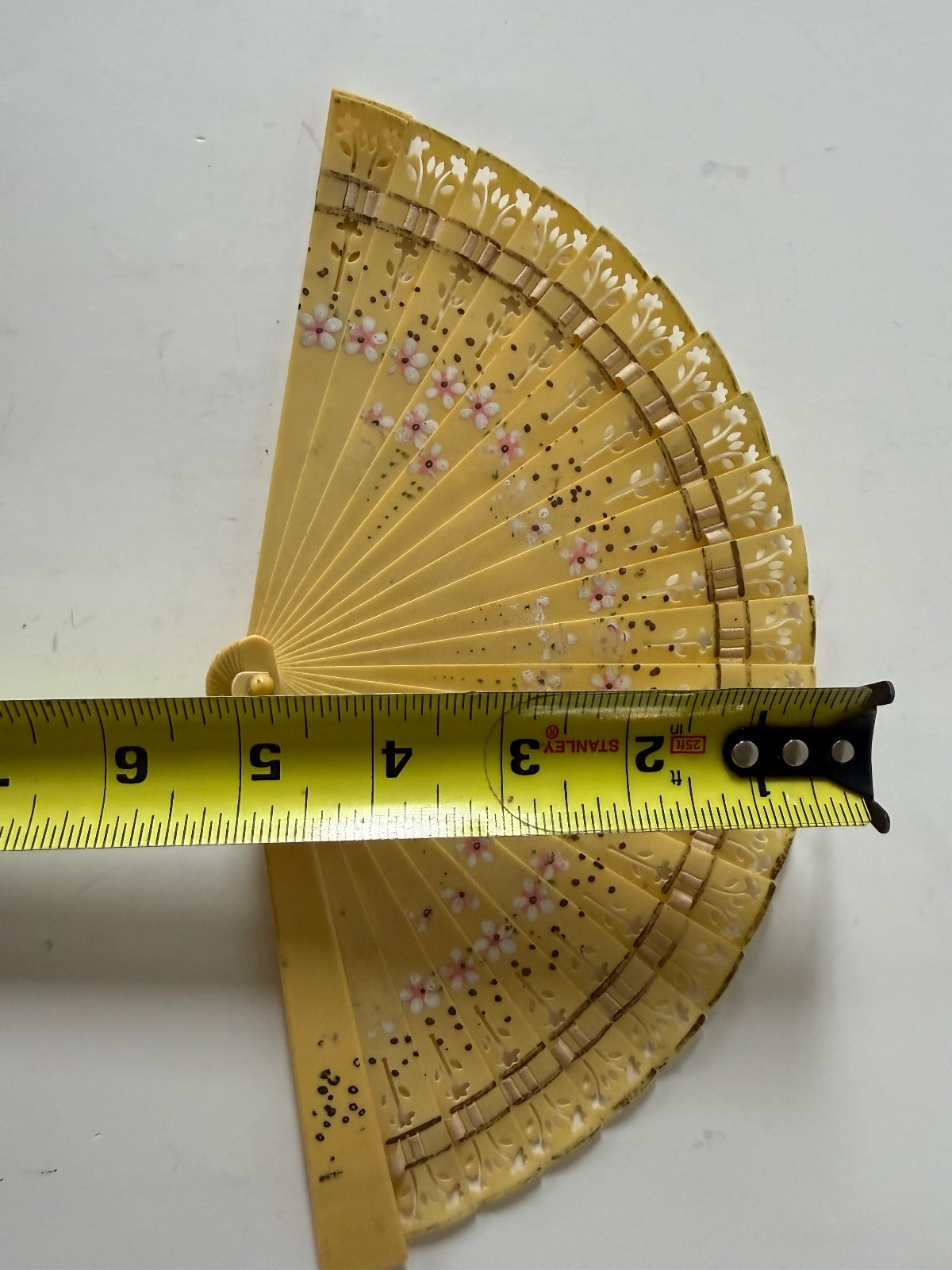 Vintage Japanese Celluloid Folding Hand Fan Hand Painted Floral Pierced Design