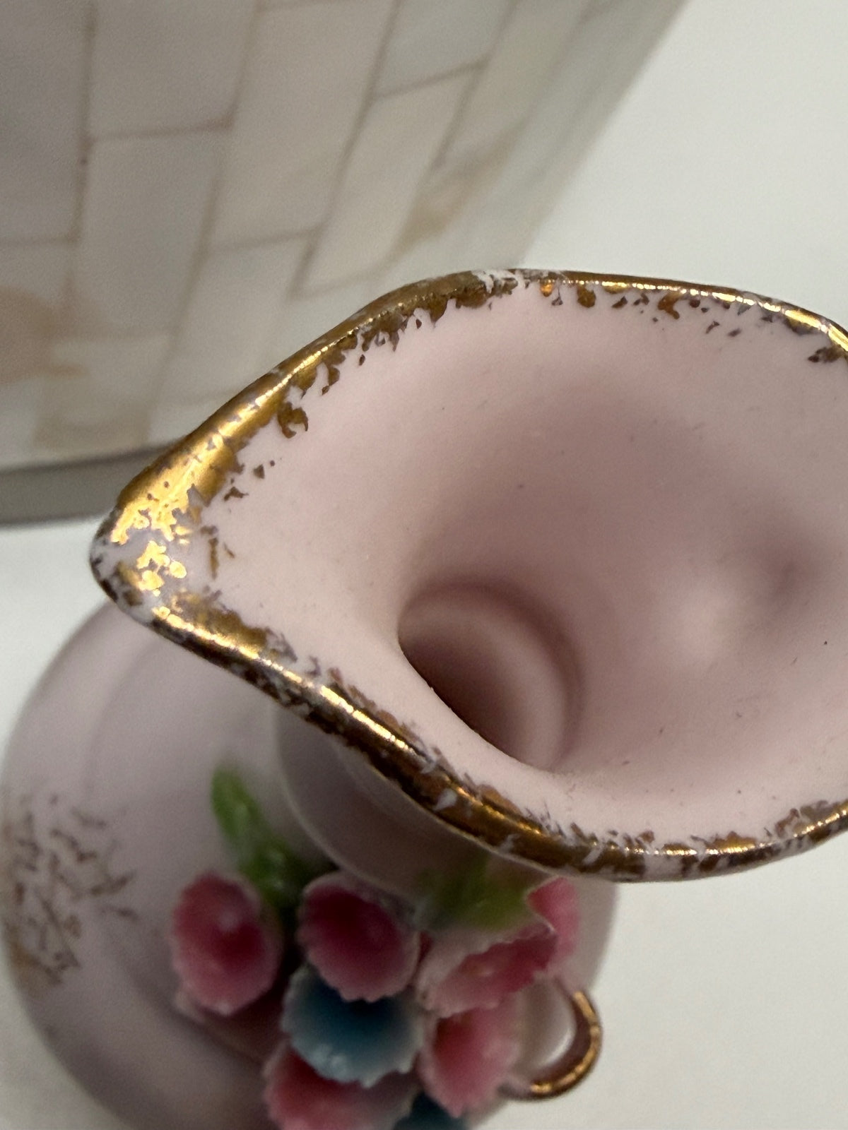 Vintage Lefton China Pink Floral Pitcher Vase Hand Painted Japan 4” – alternate product view 4 of 7