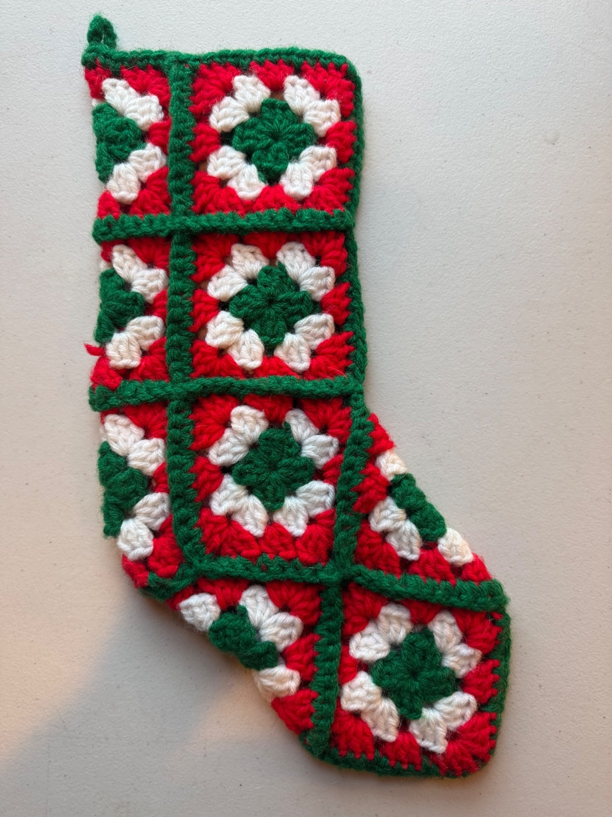 Vintage Handmade Crochet Granny Square Christmas Stocking 14”