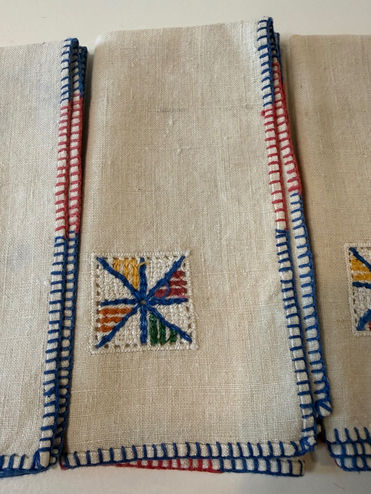 Vintage Linen Cocktail Napkins Set of 6 Embroidered Red Blue Stitching