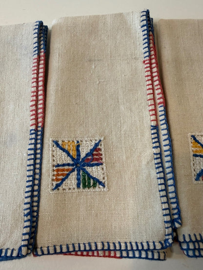 Vintage Linen Cocktail Napkins Set of 6 Embroidered Red Blue Stitching
