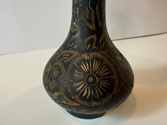 Vintage Indian Black Brass Vase Engraved Floral Etched 7.25” Boho Decor – alternate product view 2 of 8