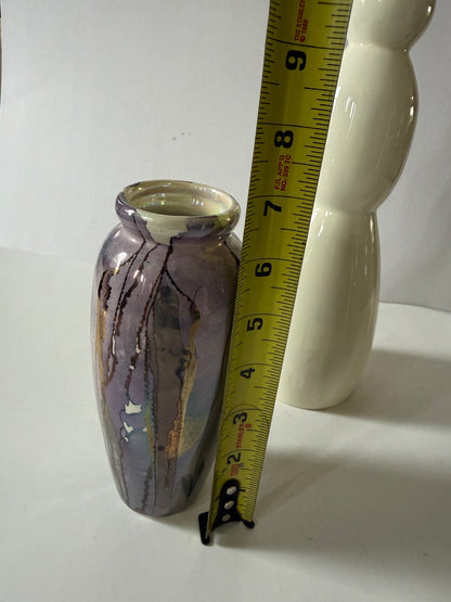 Lot of 3 Decorative Art Glass Vases Purple Iridescent White Silver Bubble Glass
