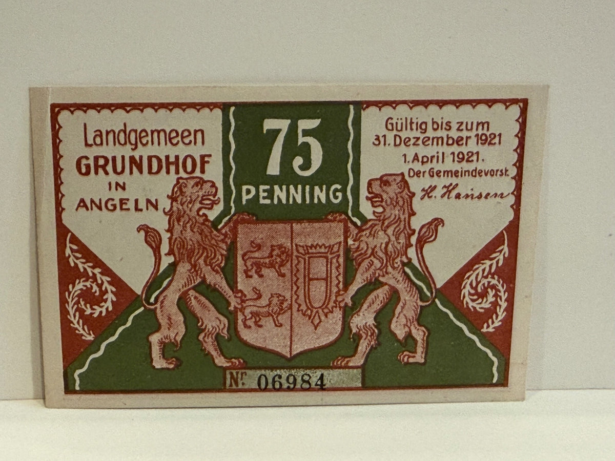 1921 Germany Grundhof 75 Pfennig Notgeld Schleswig-Holstein Angeln
