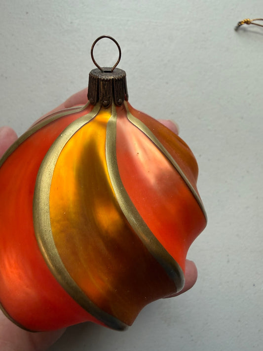 Vintage Germany Blown Glass Christmas Ornament Orange Gold Swirl 3.5”