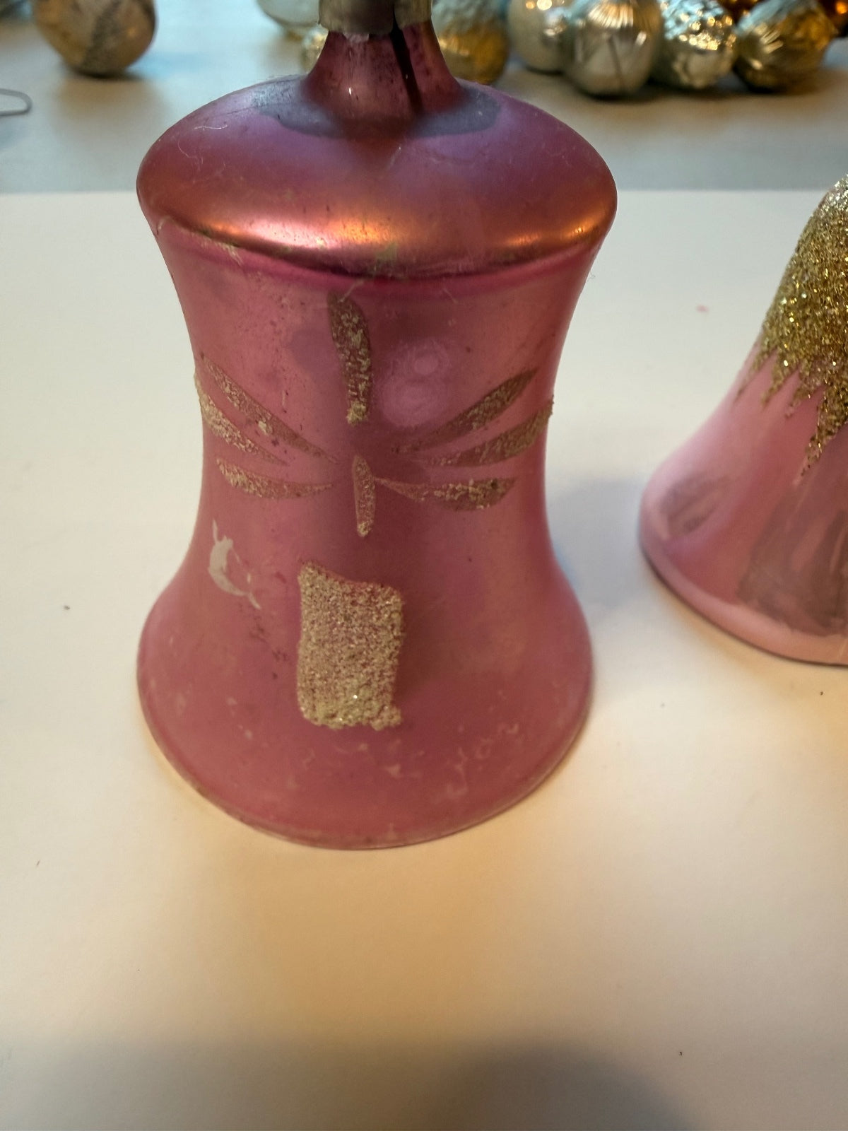 2 Vintage West Germany Pink Glass Bell Christmas Ornaments Glitter – alternate product view 13 of 13