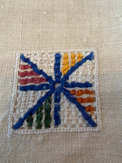 Vintage Linen Cocktail Napkins Set of 6 Embroidered Red Blue Stitching