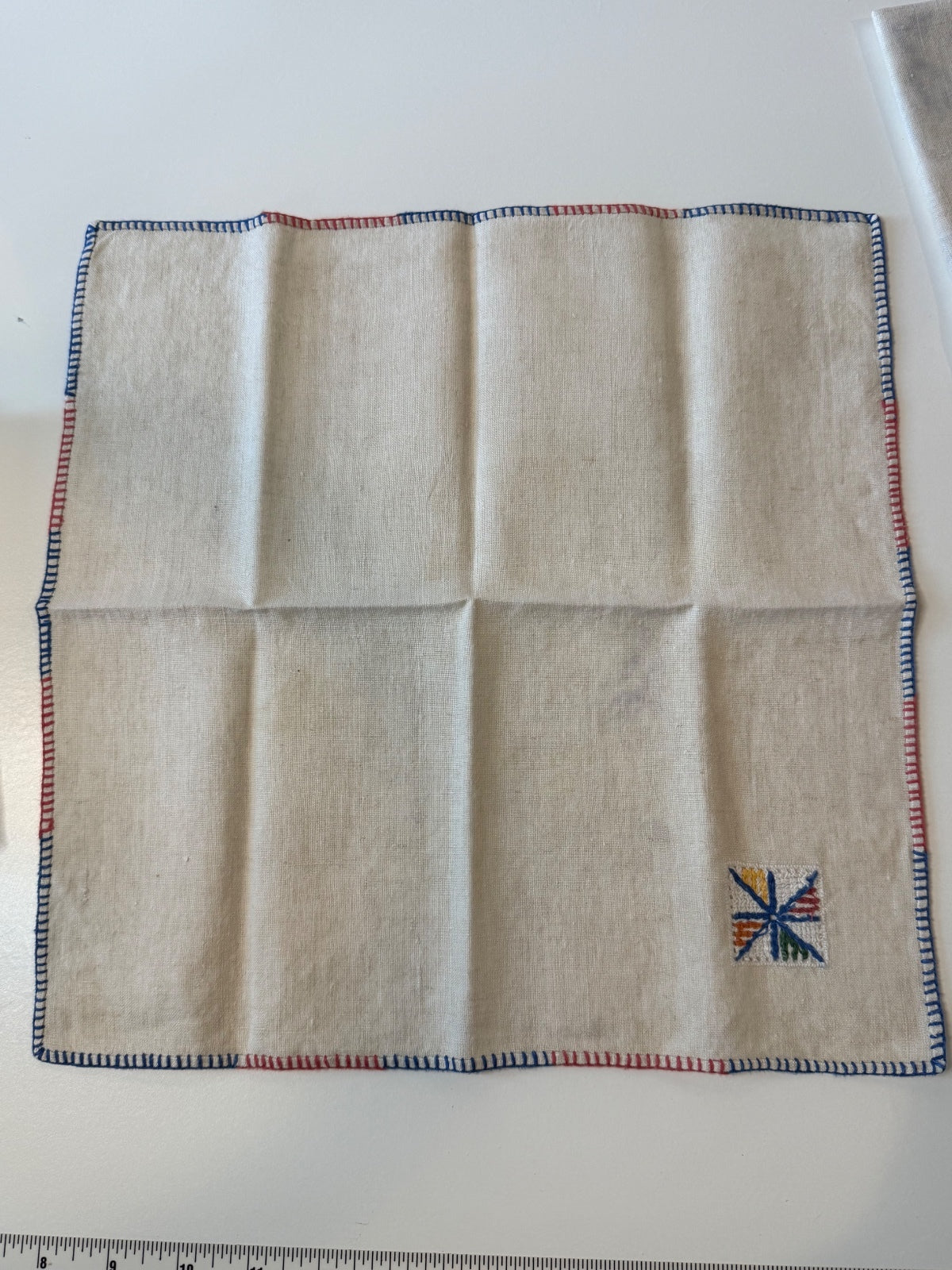Vintage Linen Cocktail Napkins Set of 6 Embroidered Red Blue Stitching
