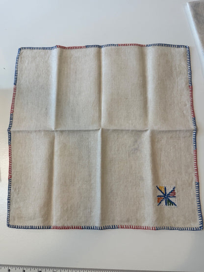 Vintage Linen Cocktail Napkins Set of 6 Embroidered Red Blue Stitching