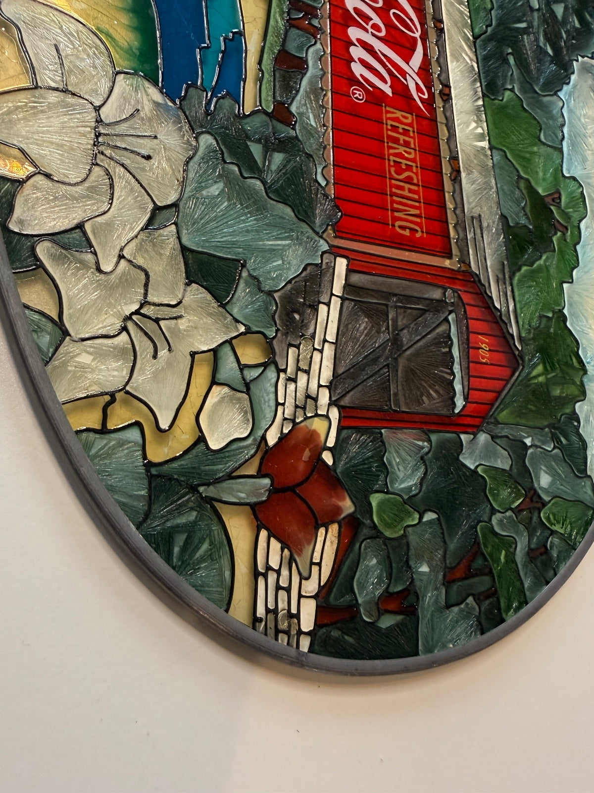 Vintage Coca-Cola Covered Bridge Faux Stained Glass Wall Hanging