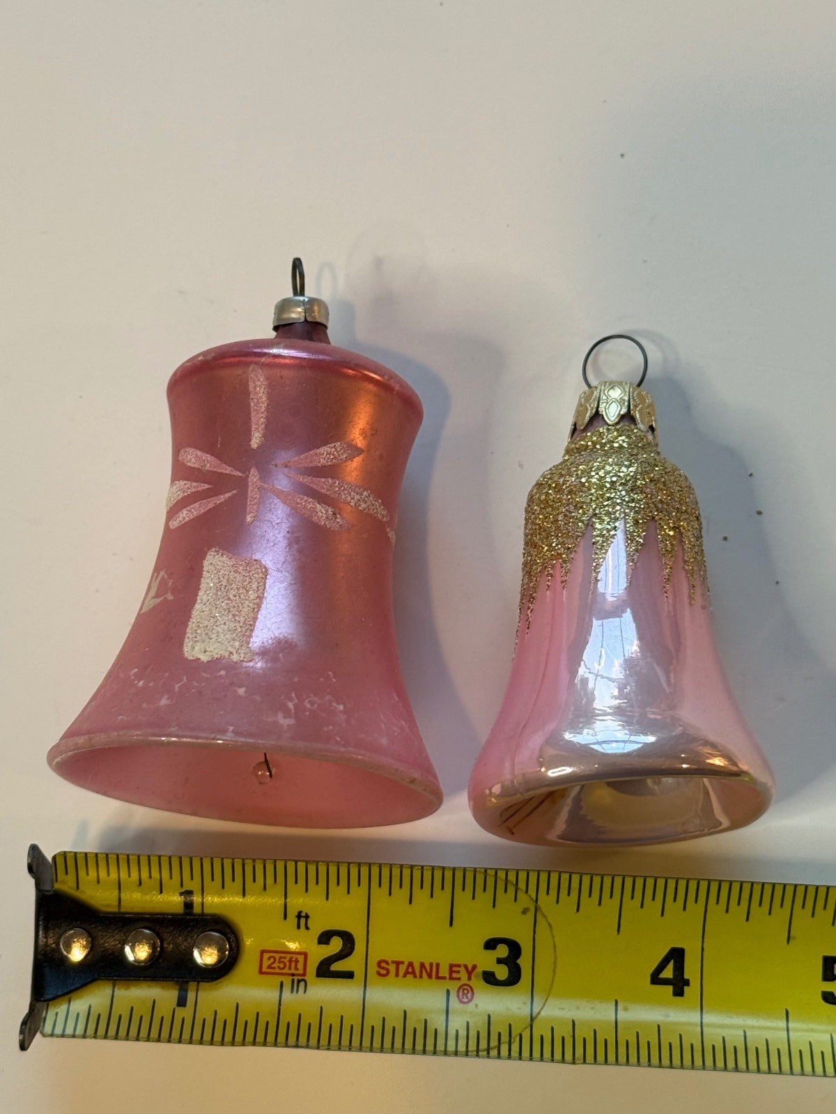 2 Vintage West Germany Pink Glass Bell Christmas Ornaments Glitter – alternate product view 4 of 13