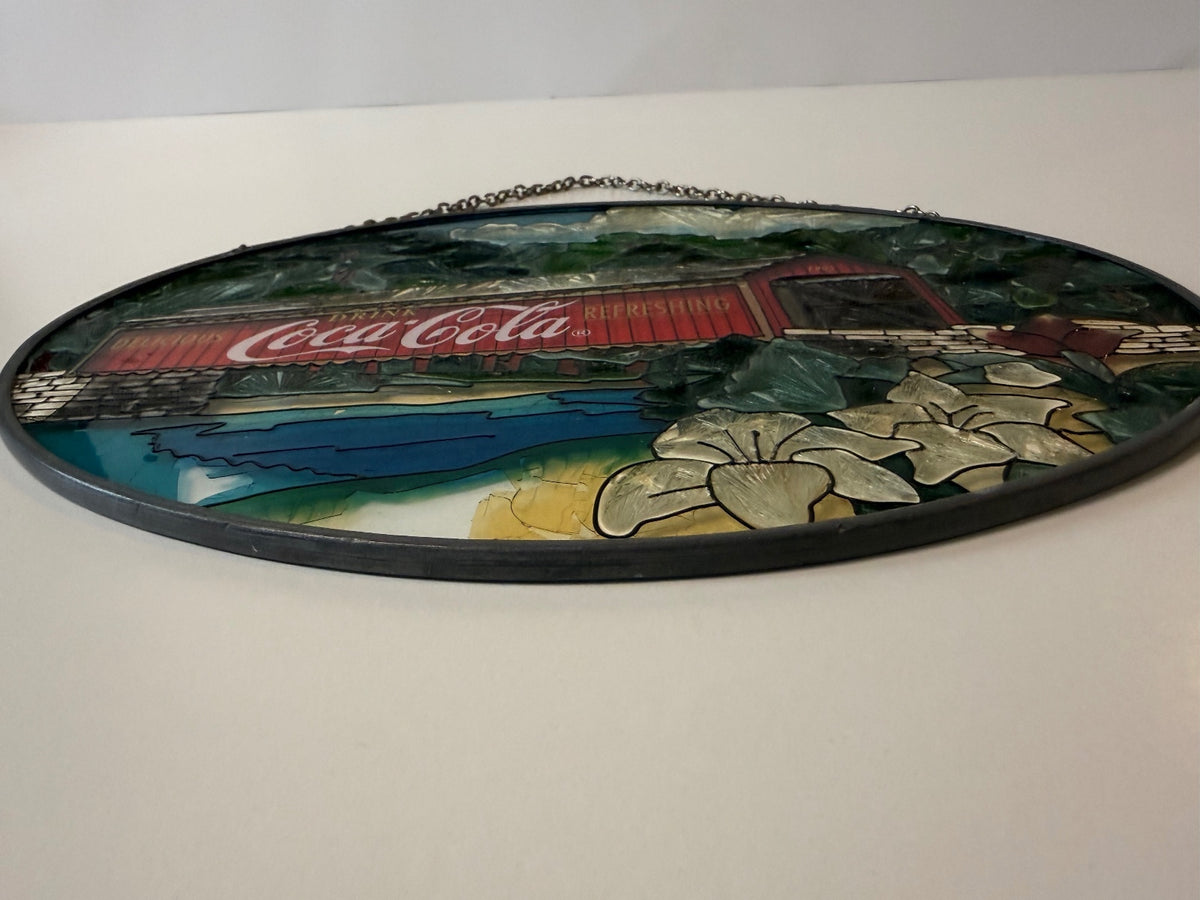Vintage Coca-Cola Covered Bridge Faux Stained Glass Wall Hanging