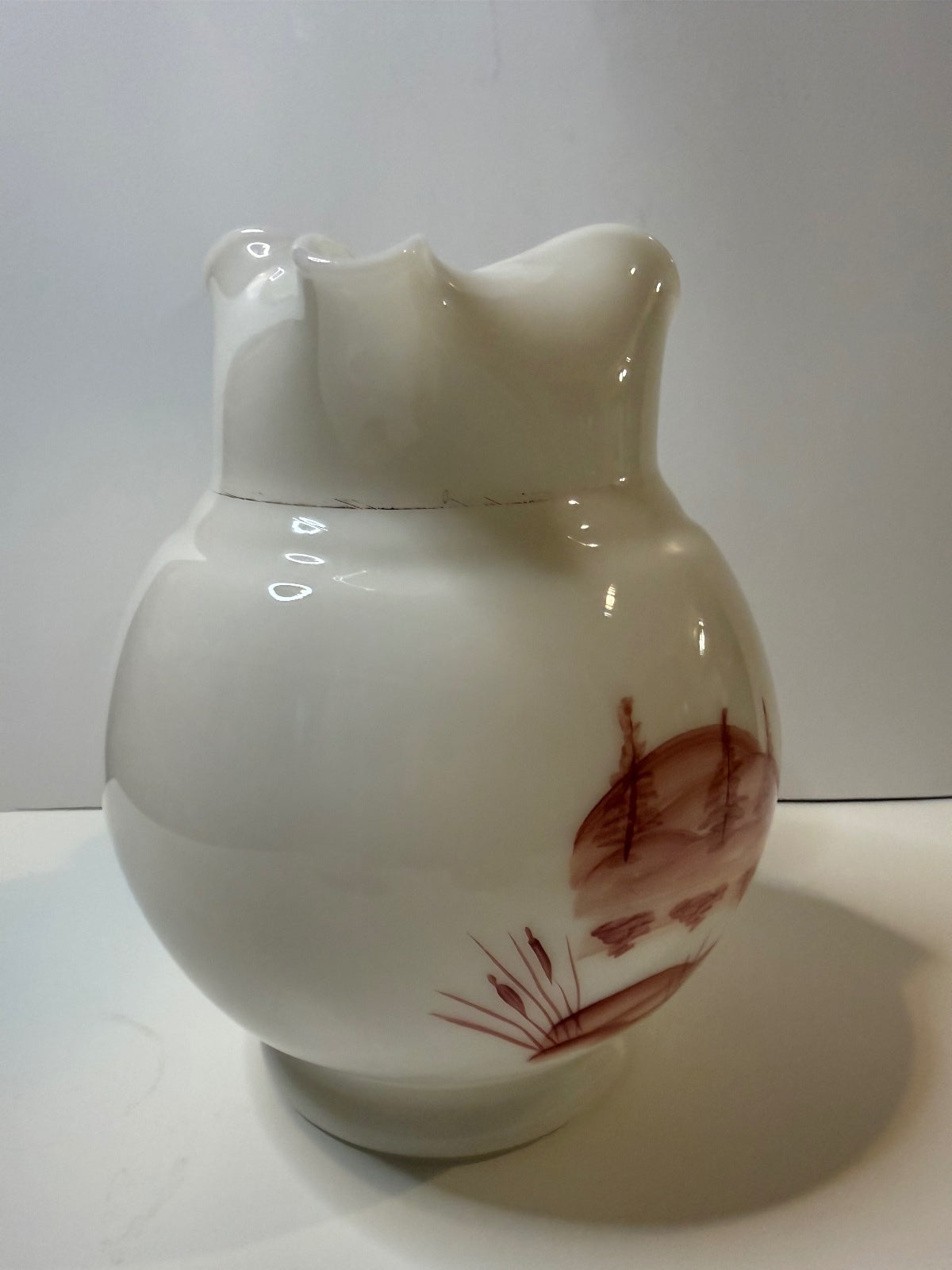 Vintage Dunbar Milk Glass Pitcher Hand Painted Sailboat Landscape 1940s – alternate product view 7 of 11