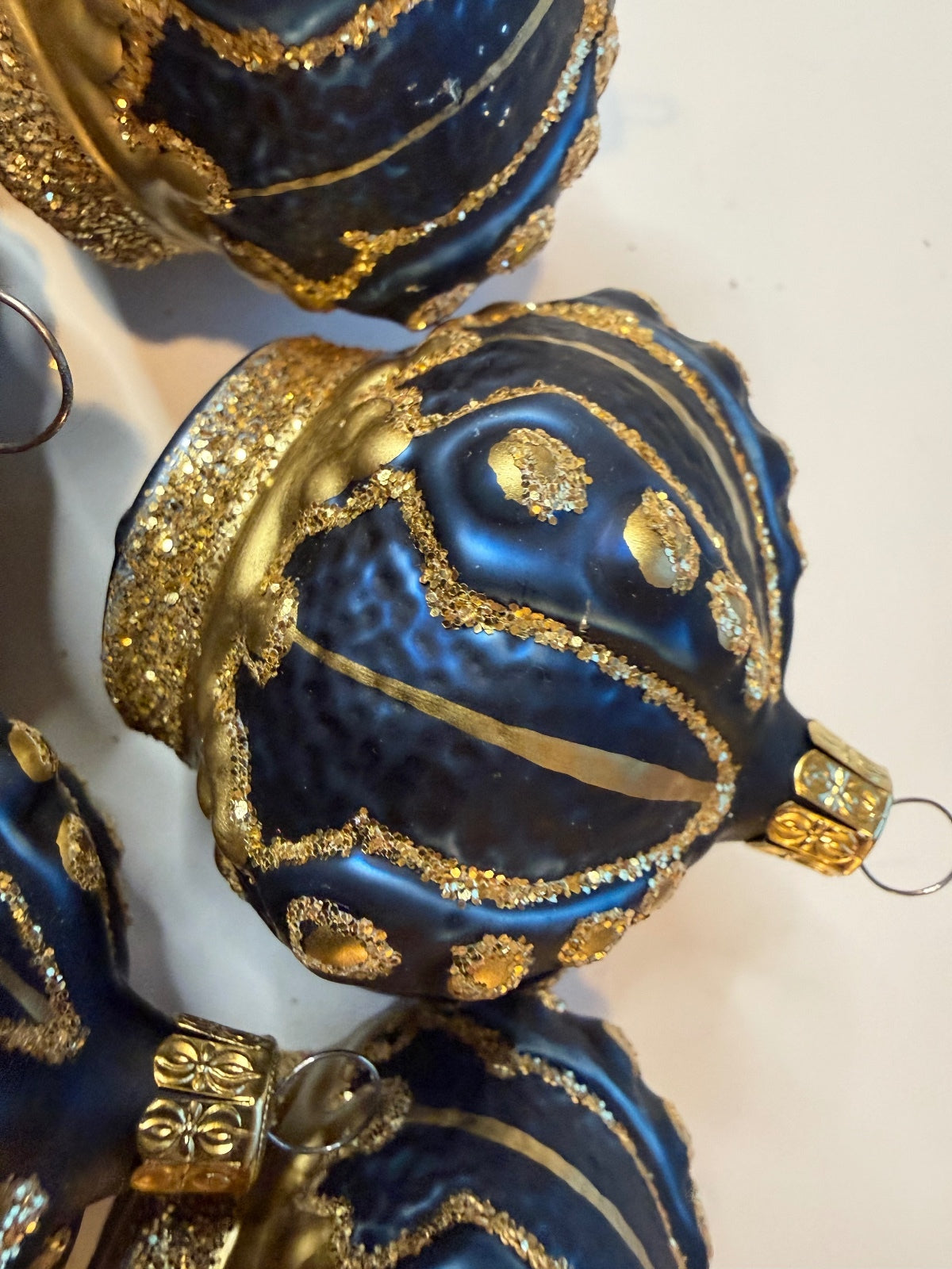 6 Vintage Blue Gold Glass Christmas Ornaments Glitter Molded Set – alternate product view 9 of 11