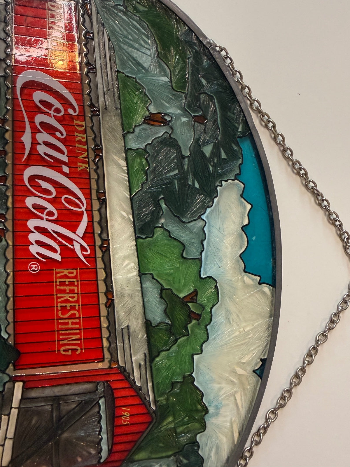 Vintage Coca-Cola Covered Bridge Faux Stained Glass Wall Hanging