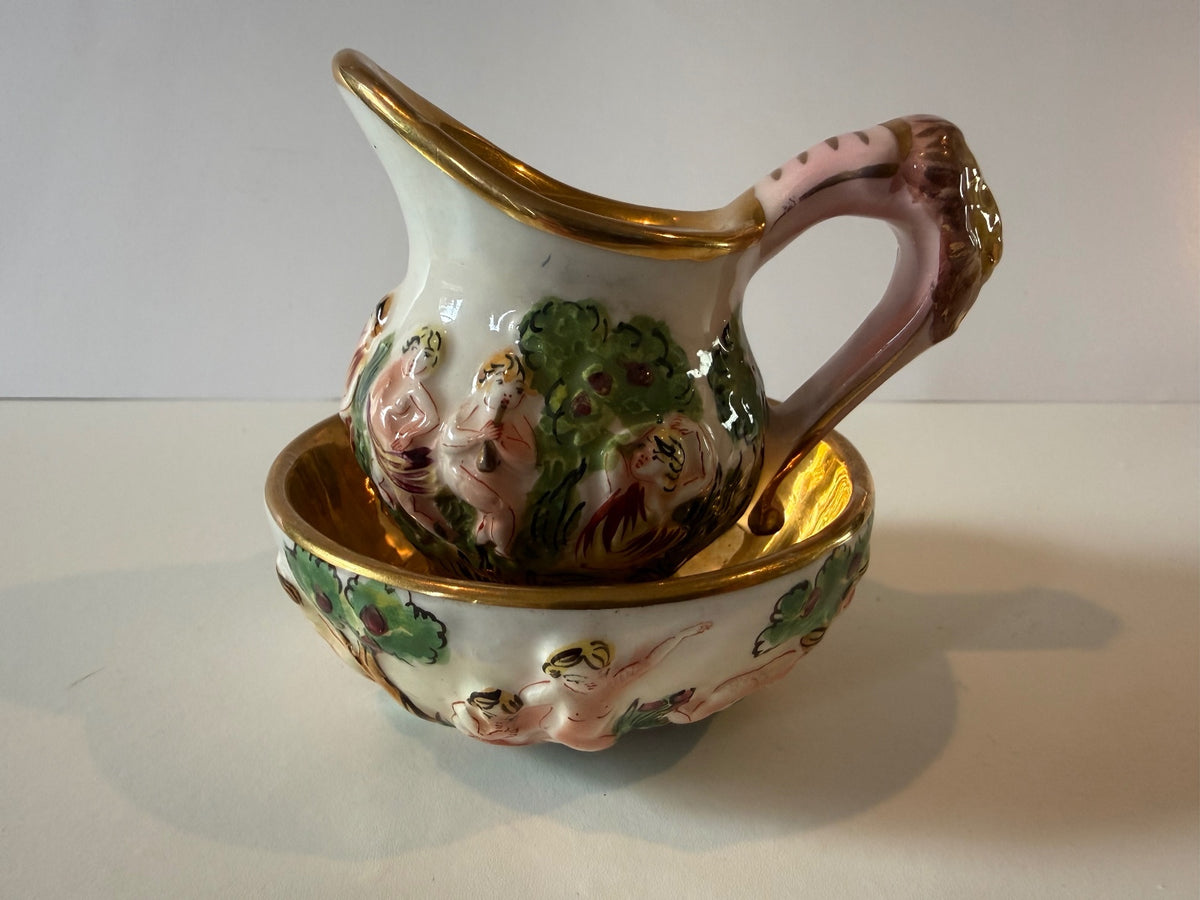 Italian Capodimonte-Style Mini Pitcher & Bowl – Putti & Gilt — product photograph 1