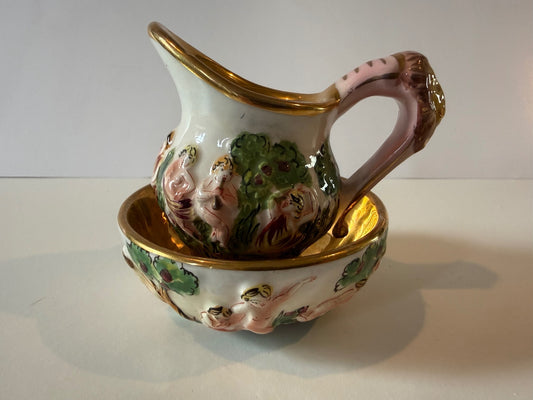 Italian Capodimonte-Style Mini Pitcher & Bowl – Putti & Gilt — product photograph 1