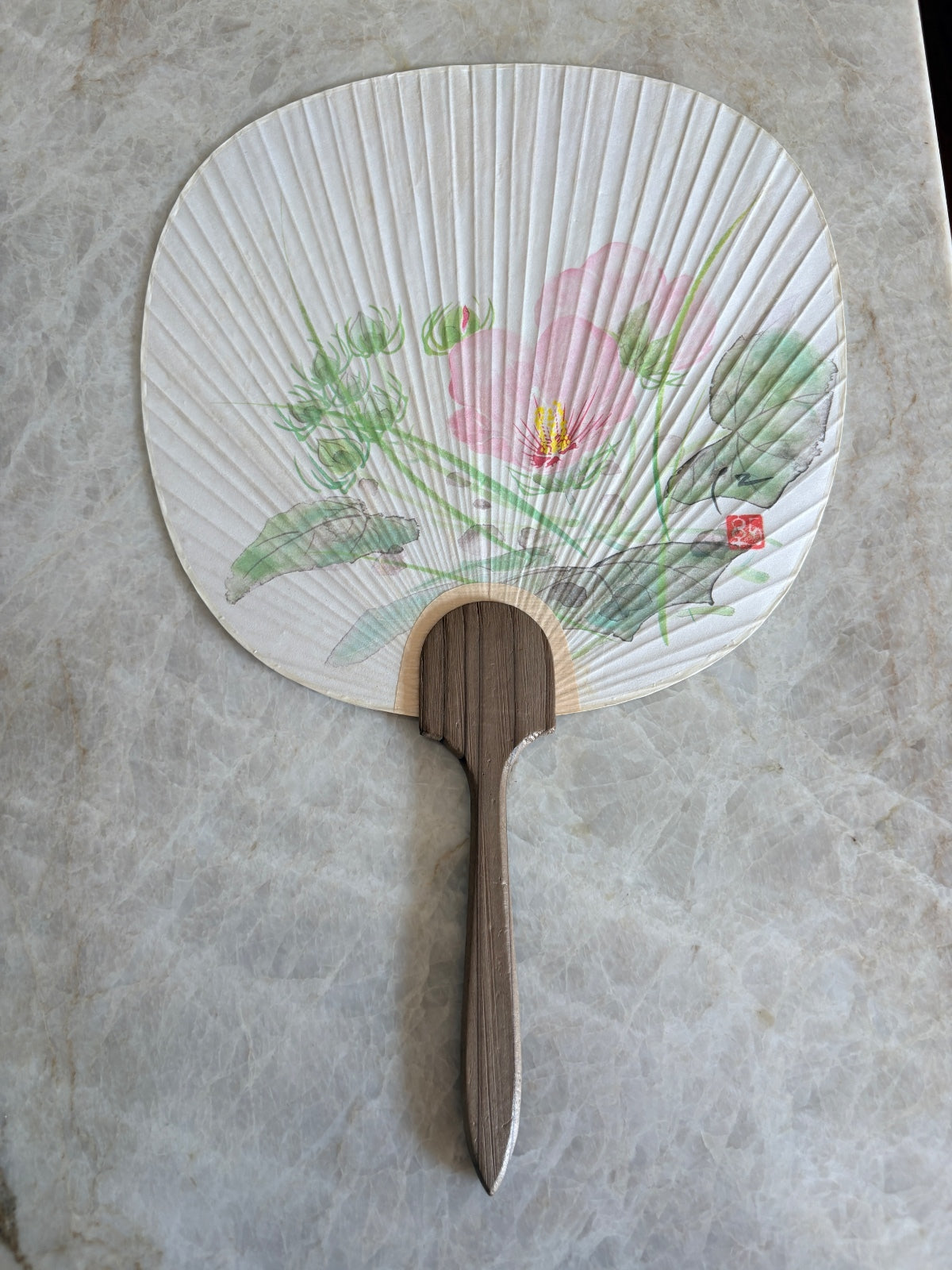 Vintage Japanese Uchiwa Hand Fan Dai-ichi Life Lotus Art Bamboo w/ Sleeve