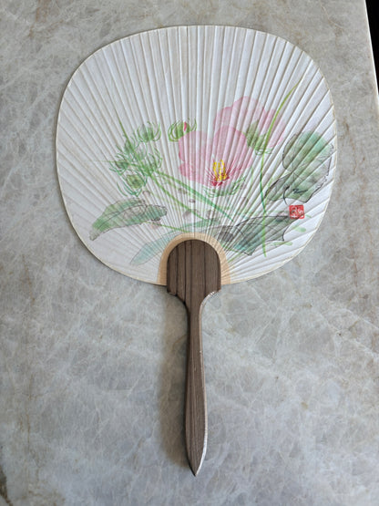 Vintage Japanese Uchiwa Hand Fan Dai-ichi Life Lotus Art Bamboo w/ Sleeve