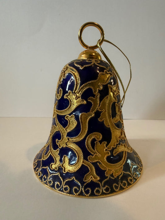 Vintage Blue Cloisonne Style Brass Bell Ornament Gold Enamel 3.5” Hanging