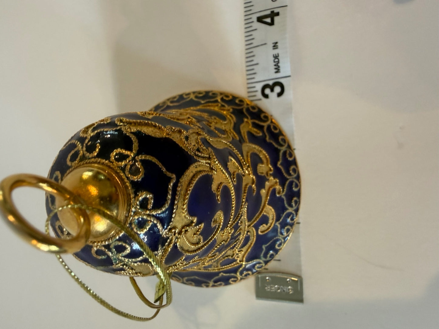 Vintage Blue Cloisonne Style Brass Bell Ornament Gold Enamel 3.5” Hanging