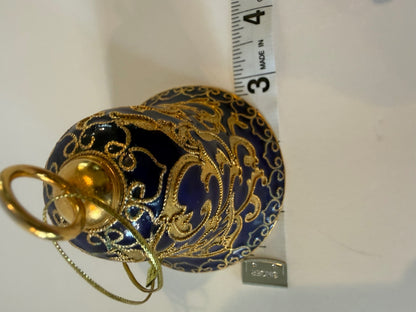 Vintage Blue Cloisonne Style Brass Bell Ornament Gold Enamel 3.5” Hanging