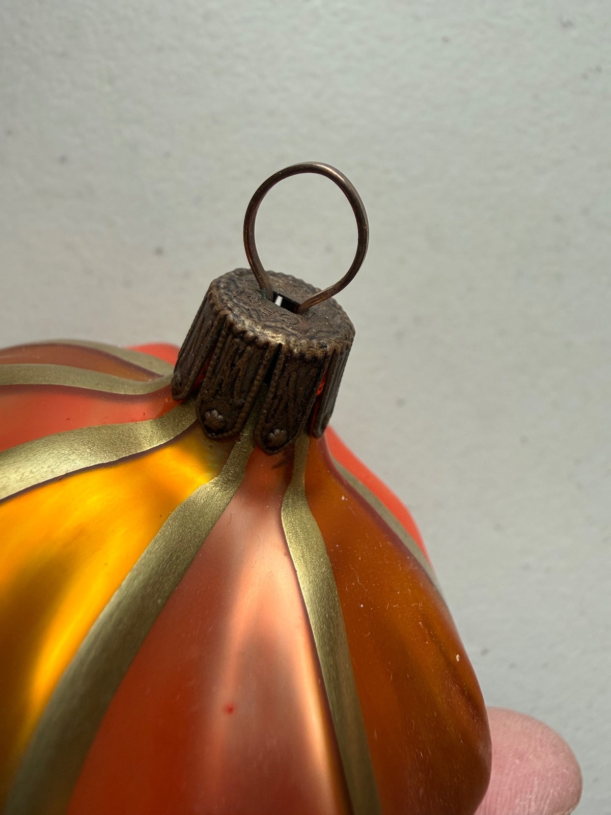 Vintage Germany Blown Glass Christmas Ornament Orange Gold Swirl 3.5”