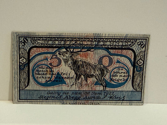 1921 Germany Aurich 50 Pfennig Notgeld Siegfried Abegg Stag Deer Mehl 56.1
