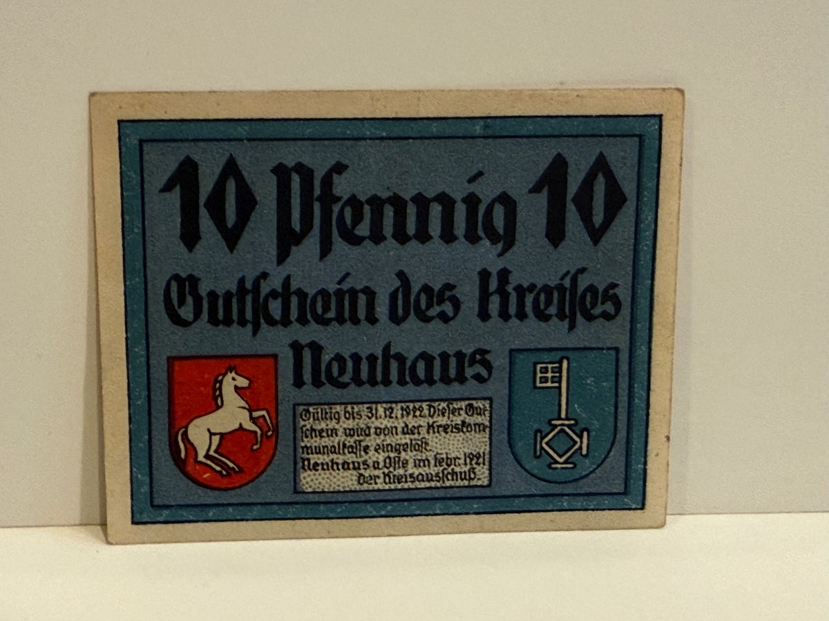 1921 Germany Kreis Neuhaus 10 Pfennig Notgeld H.O. Persiehl Hamburg