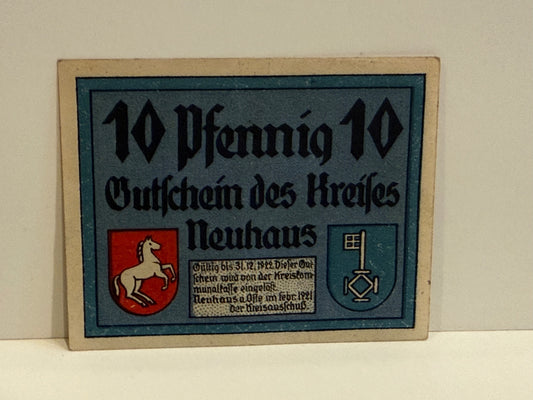 1921 Germany Kreis Neuhaus 10 Pfennig Notgeld H.O. Persiehl Hamburg