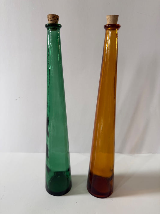 Vintage Hand Blown Art Glass Decanter Bottle Pair Green Amber 12” Cork Stoppers