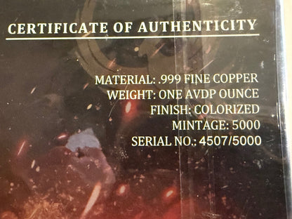1 Oz .999 Fine Copper Phoenix Colorized Round Limited 5000 #4507 COA – alternate product view 5 of 5
