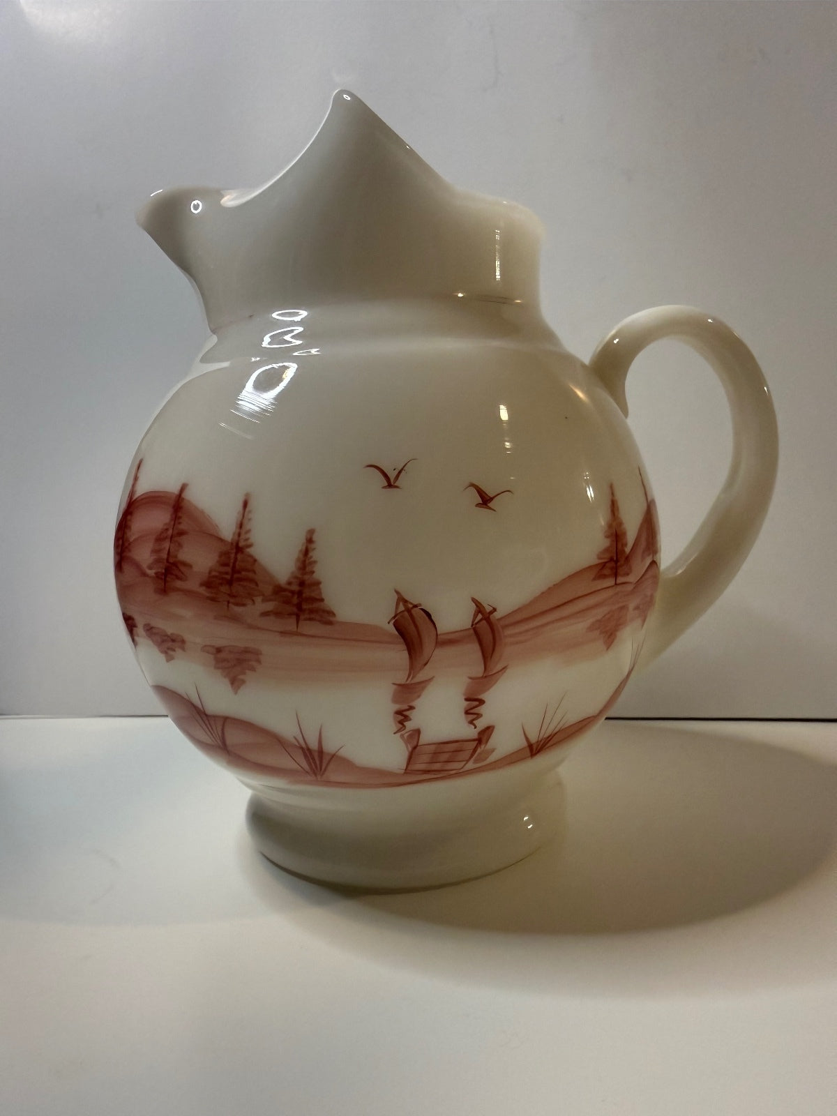 Vintage Dunbar Milk Glass Pitcher Hand Painted Sailboat Landscape 1940s – alternate product view 2 of 11