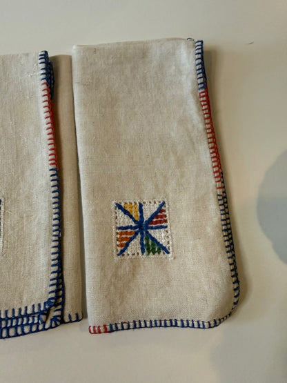 Vintage Linen Cocktail Napkins Set of 6 Embroidered Red Blue Stitching