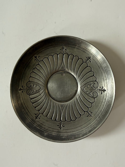 Vintage Handmade Pewter  Dish A.B. Maker Mark Floral 4.5” Decorative